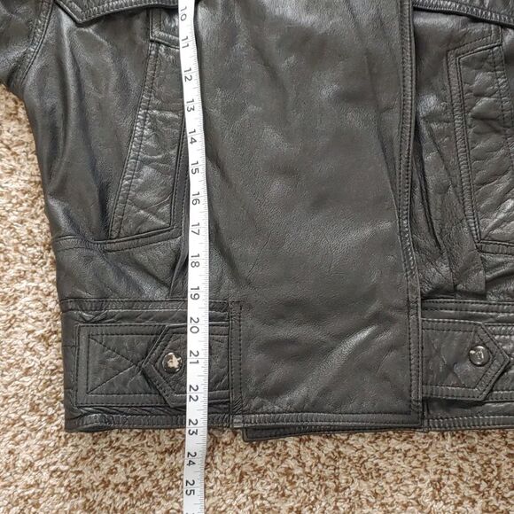 VTG Black Leather Bomber Jacket Byrnes & Baker Unisex Moto Jacket Size Small - Picture 8 of 10